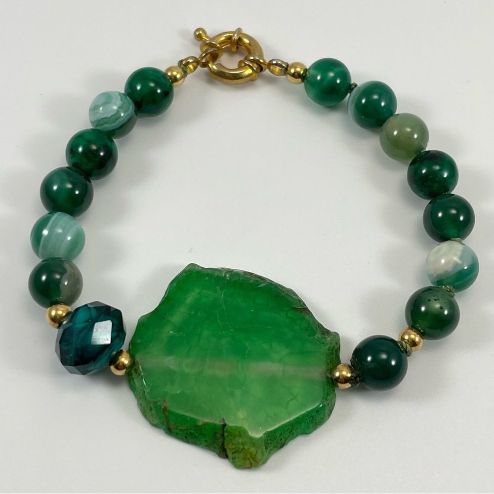 Malachite Quartz Beaded Bracelet Gold Tone Statement Boho Elegant Formal
